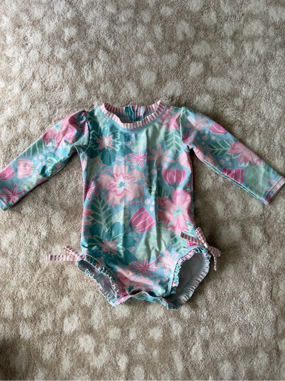 Ruffle Butts Pink and Aqua Floral Long-Sleeve Rashguard One-Piece